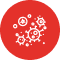 White virus icons on a red circular background.