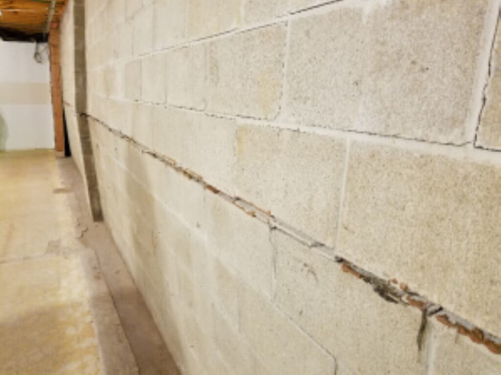 In a basement with a cracked cinder block wall showing horizontal damage and exposed brick, carbon fiber straps add reinforcement. The concrete floor contrasts the ceiling's wooden beams, lending an industrial feel.