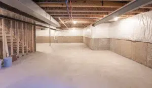 Unfinished basement with exposed wooden beams, concrete floor, and insulated walls. A staircase on the left leads down to a space ready for a water drainage install, while a trash bin sits nearby.