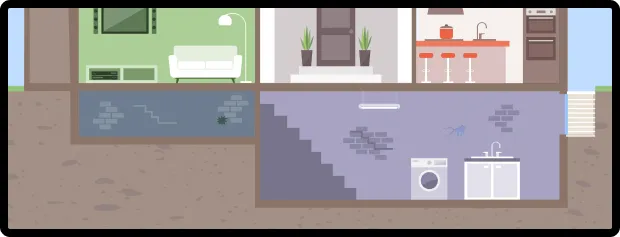 Acculevel 8 Cross-section illustration of a house showing a living room, kitchen, and basement. The basement features a washing machine, sink, and signs of water leakage with mold.