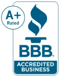 Acculevel 11 A+ rated BBB Accredited Business logo with a stylized torch flame design.