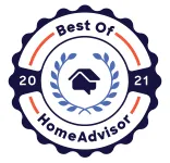 Acculevel 14 A "Best of HomeAdvisor 2021" badge featuring a house icon surrounded by a laurel wreath, encircled by text and lines, with a blue scalloped border.