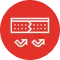 Red circular icon with a white bridge graphic, split in the middle. Two arrows point downward beneath the bridge.