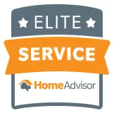 Acculevel 13 HomeAdvisor Elite Service badge with an orange ribbon and stars, indicating recognition for high-quality service.