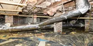 A basement reveals exposed ceiling insulation, covered HVAC ducts, and brick supports reminiscent of a thorough crawlspace assessment. The floor is littered with debris, draped in plastic sheets.