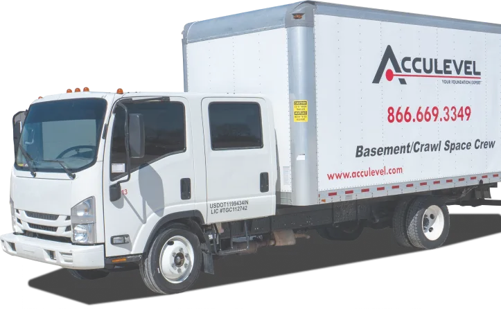 Acculevel 10 A white box truck showcasing "Acculevel Rochelle" prominently along with contact information on the side.